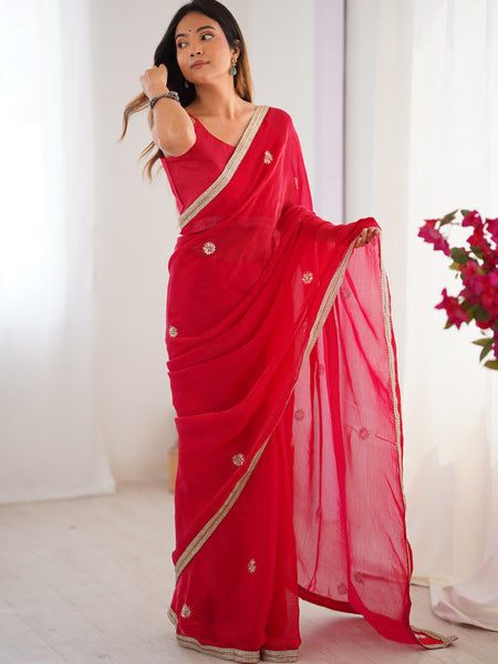 Red Fandy Silk Moti & Val Sequence Designer Saree