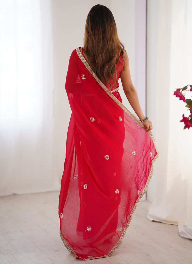 Red Fandy Silk Moti & Val Sequence Designer Saree