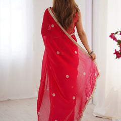 Red Fandy Silk Moti & Val Sequence Designer Saree