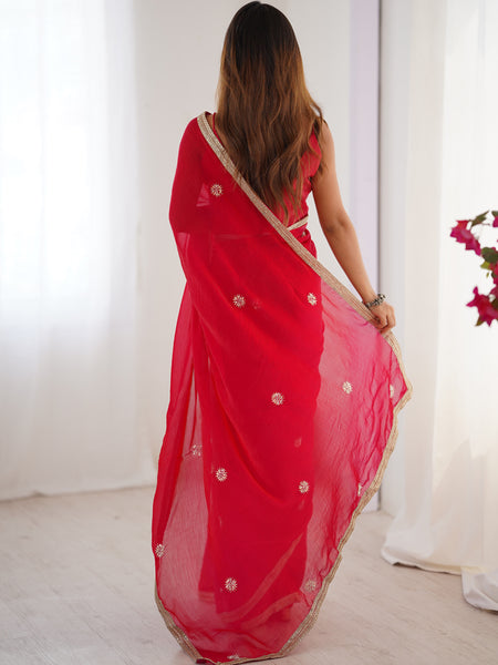 Red Fandy Silk Moti & Val Sequence Designer Saree