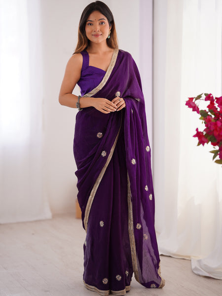 Violet Fandy Silk Moti & Val Sequence Designer Saree
