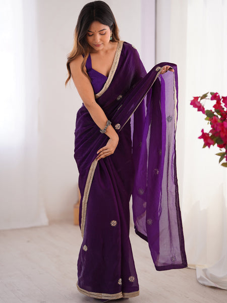 Violet Fandy Silk Moti & Val Sequence Designer Saree