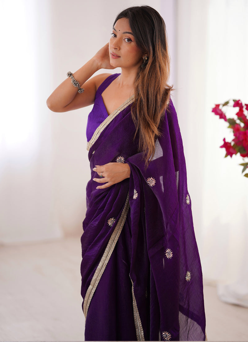Violet Fandy Silk Moti & Val Sequence Designer Saree