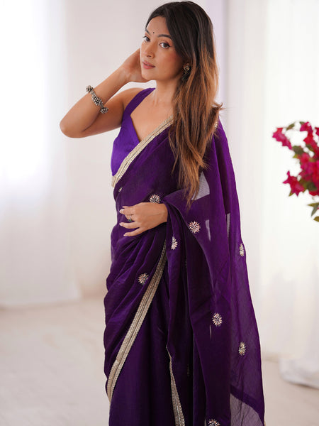 Violet Fandy Silk Moti & Val Sequence Designer Saree