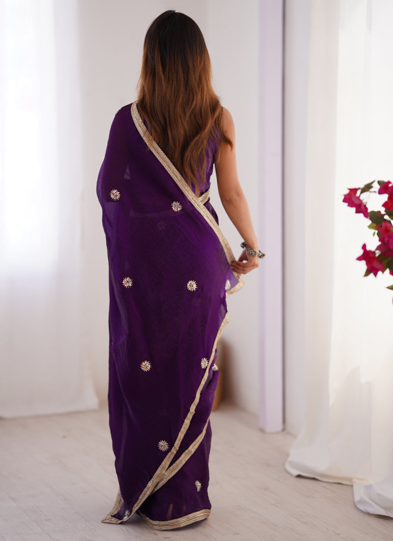 Violet Fandy Silk Moti & Val Sequence Designer Saree