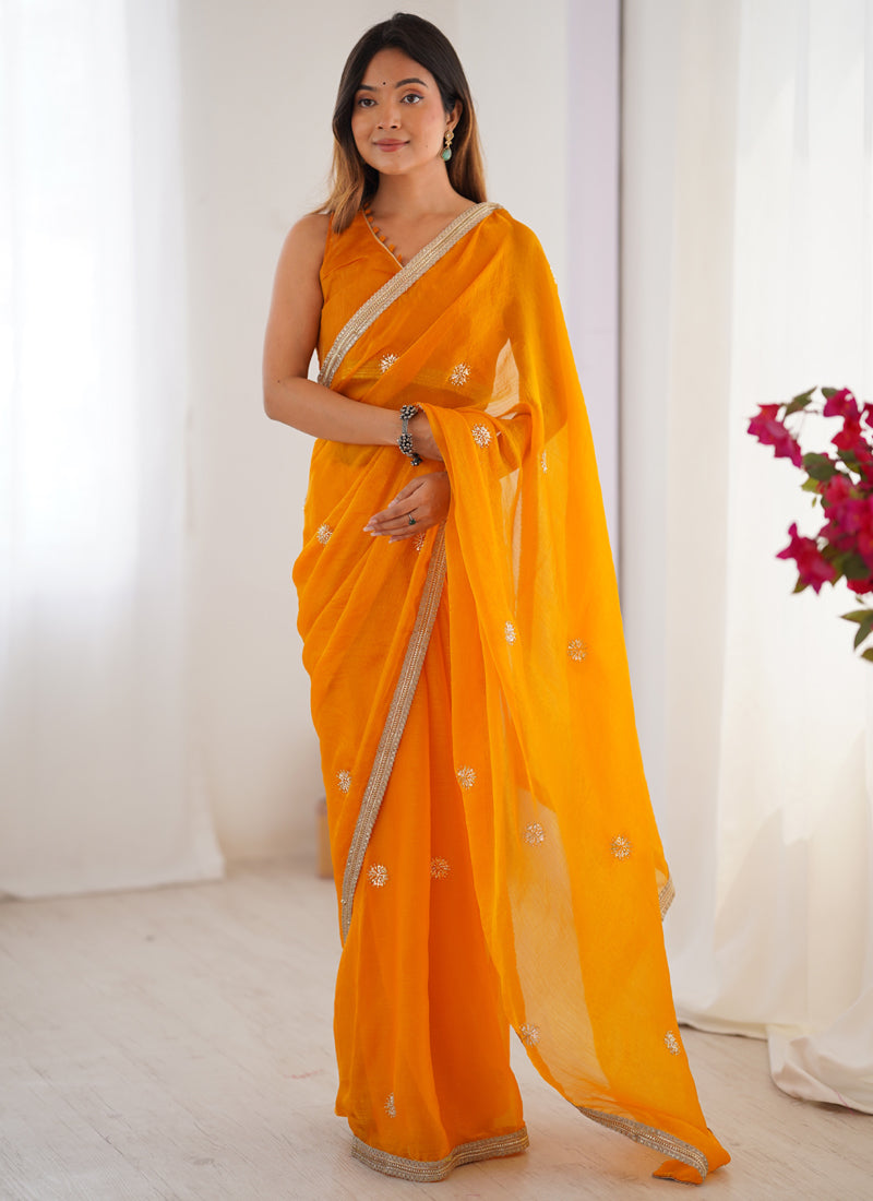Yellow Fandy Silk Moti & Val Sequence Designer Saree