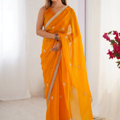 Yellow Fandy Silk Moti & Val Sequence Designer Saree
