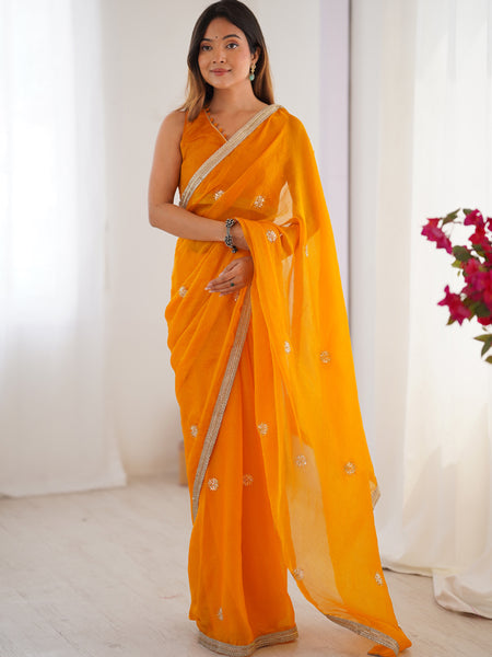 Yellow Fandy Silk Moti & Val Sequence Designer Saree