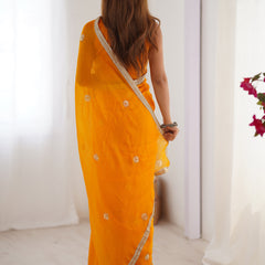 Yellow Fandy Silk Moti & Val Sequence Designer Saree