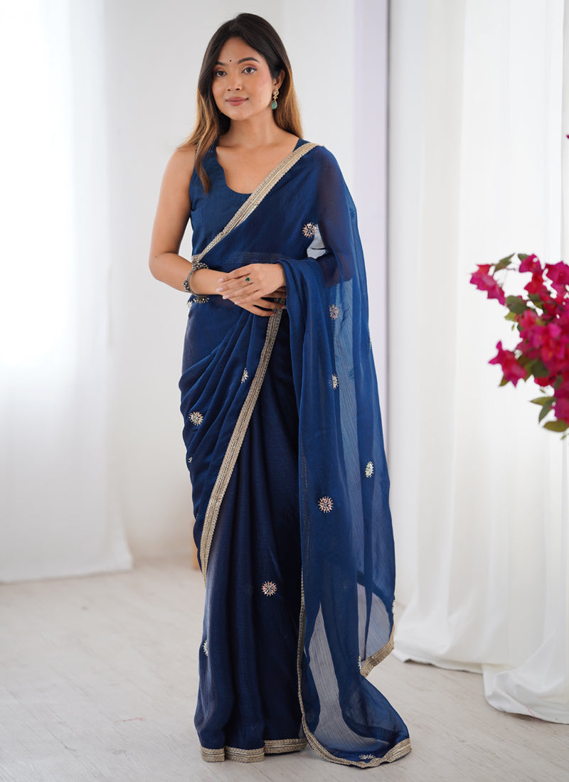 Blue Fandy Silk Moti & Val Sequence Designer Saree