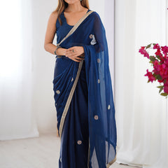 Blue Fandy Silk Moti & Val Sequence Designer Saree