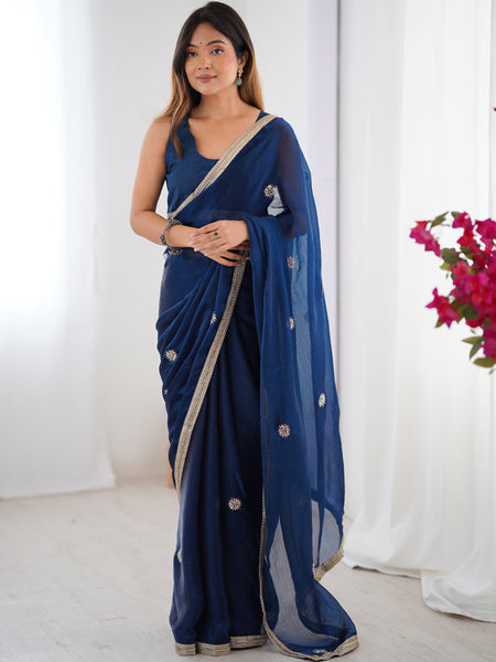 Blue Fandy Silk Moti & Val Sequence Designer Saree