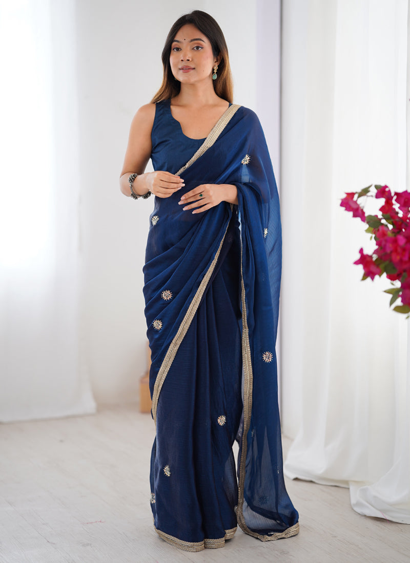 Blue Fandy Silk Moti & Val Sequence Designer Saree