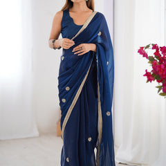 Blue Fandy Silk Moti & Val Sequence Designer Saree