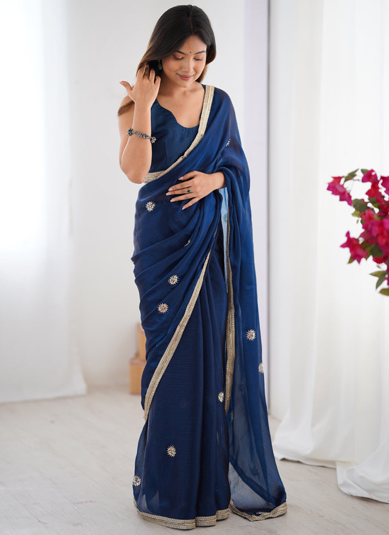 Blue Fandy Silk Moti & Val Sequence Designer Saree