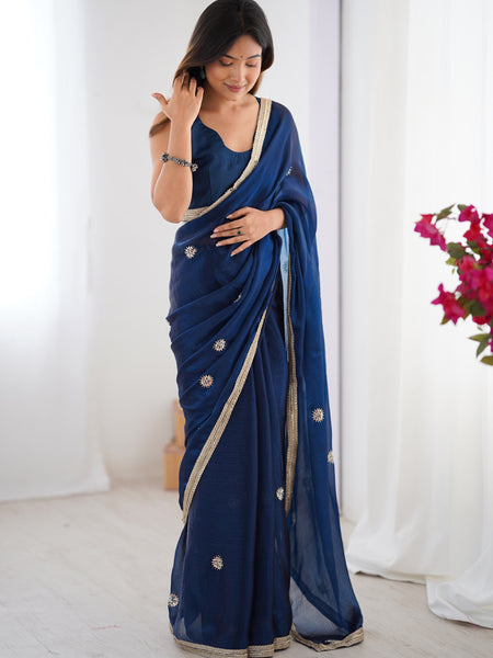 Blue Fandy Silk Moti & Val Sequence Designer Saree