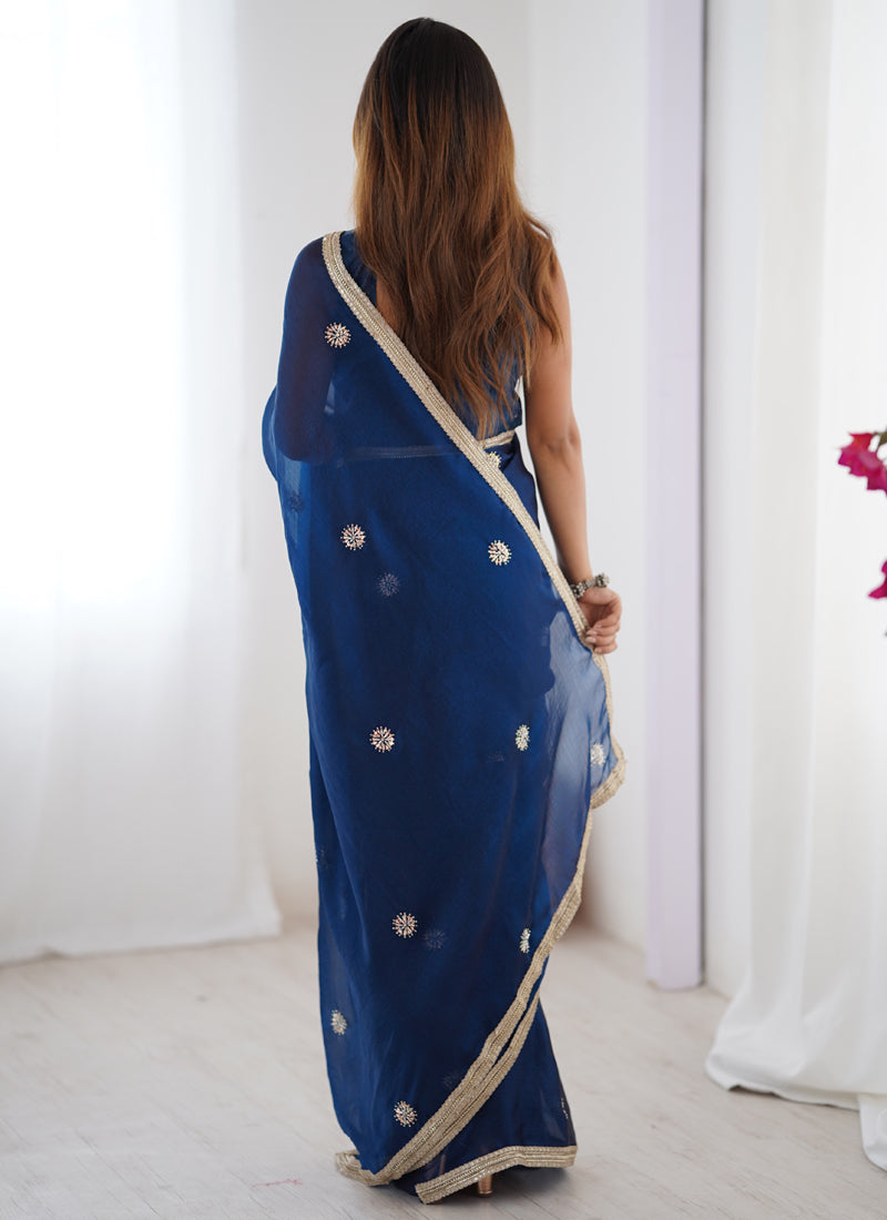 Blue Fandy Silk Moti & Val Sequence Designer Saree