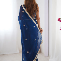 Blue Fandy Silk Moti & Val Sequence Designer Saree