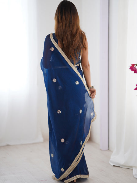 Blue Fandy Silk Moti & Val Sequence Designer Saree