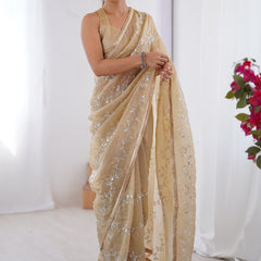 Beige Organza Moti & Val Sequence Party Wear Saree