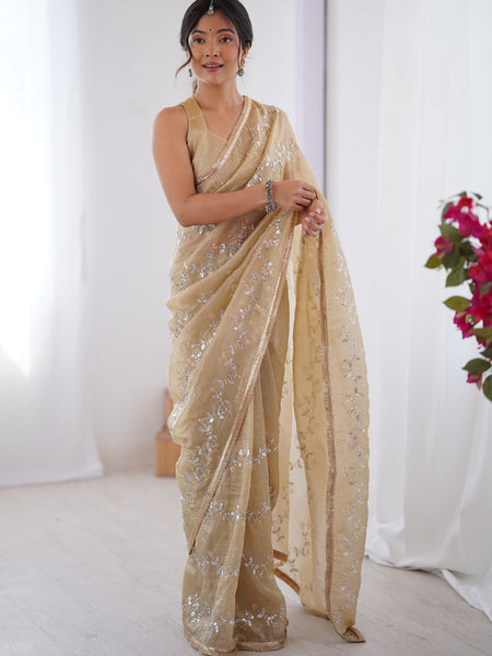 Beige Organza Moti & Val Sequence Party Wear Saree