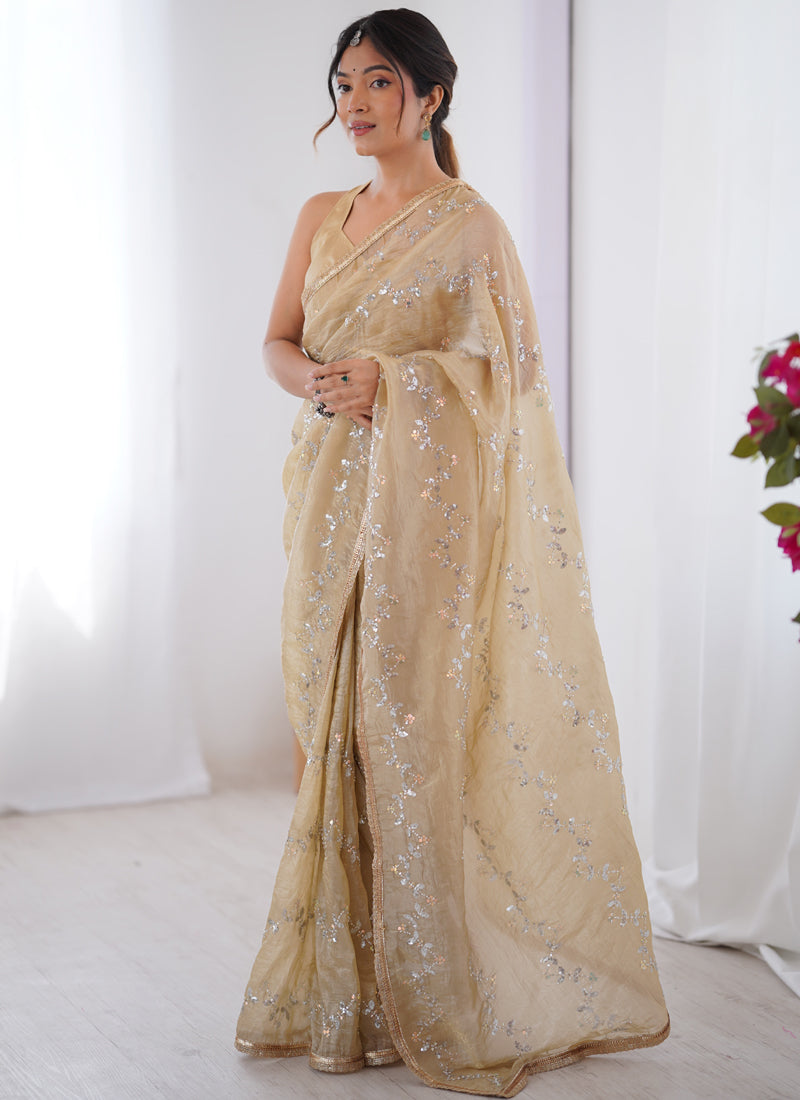 Beige Organza Moti & Val Sequence Party Wear Saree