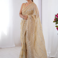 Beige Organza Moti & Val Sequence Party Wear Saree