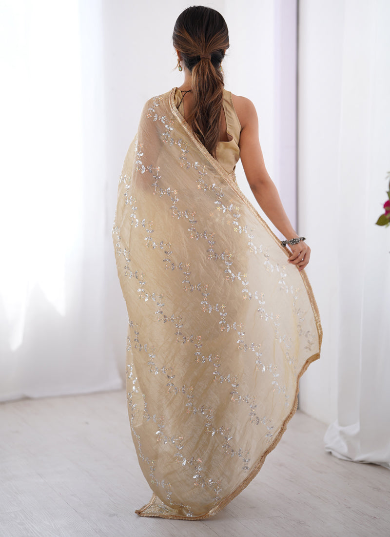 Beige Organza Moti & Val Sequence Party Wear Saree
