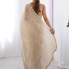Beige Organza Moti & Val Sequence Party Wear Saree