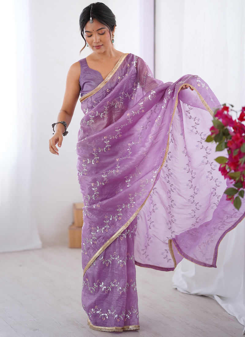 Lavender Organza Moti & Val Sequence Party Wear Saree