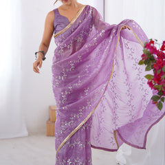 Lavender Organza Moti & Val Sequence Party Wear Saree