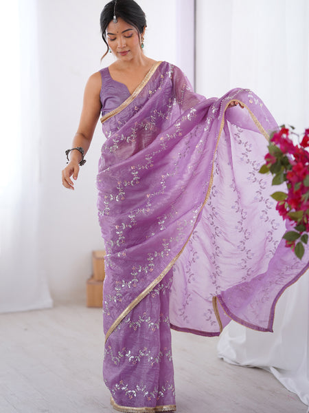 Lavender Organza Moti & Val Sequence Party Wear Saree