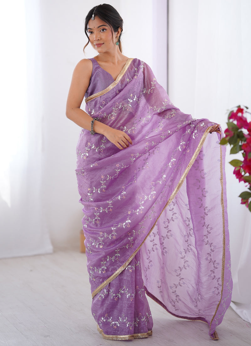 Lavender Organza Moti & Val Sequence Party Wear Saree