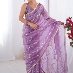 Lavender Organza Moti & Val Sequence Party Wear Saree