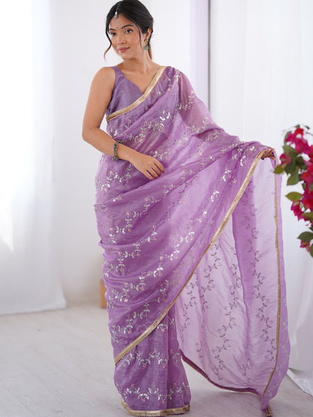 Lavender Organza Moti & Val Sequence Party Wear Saree