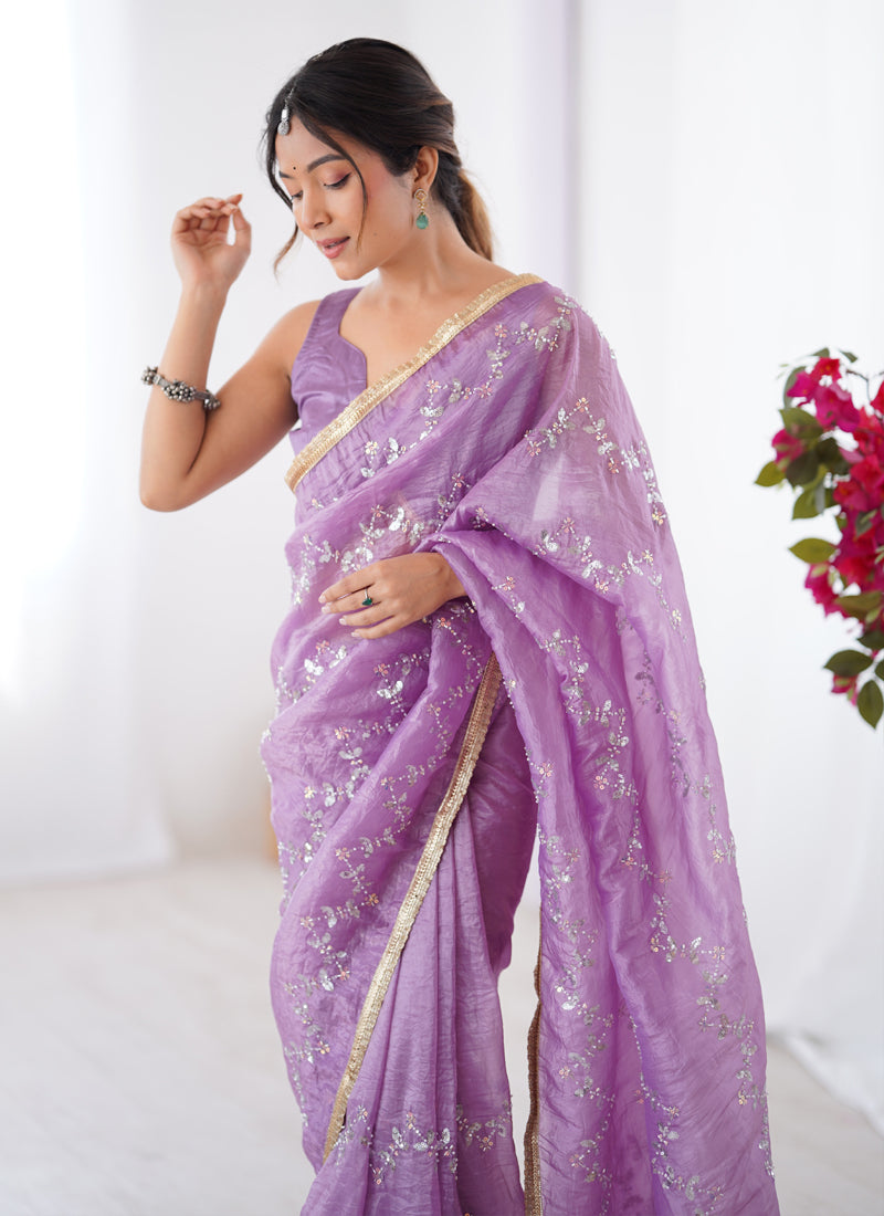 Lavender Organza Moti & Val Sequence Party Wear Saree