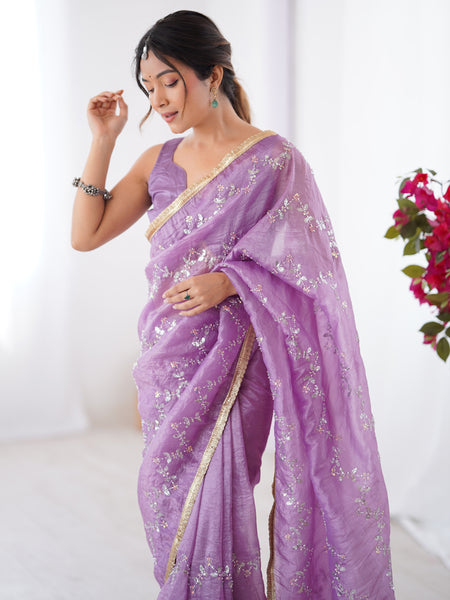 Lavender Organza Moti & Val Sequence Party Wear Saree