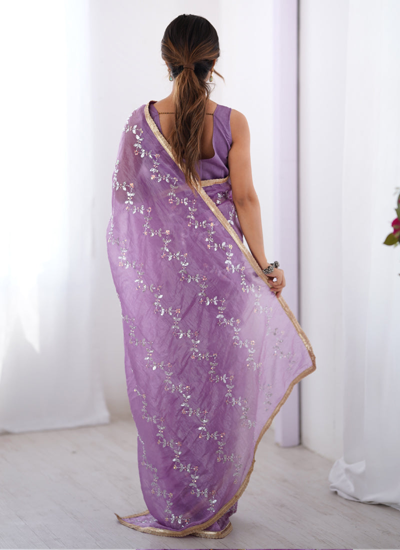 Lavender Organza Moti & Val Sequence Party Wear Saree