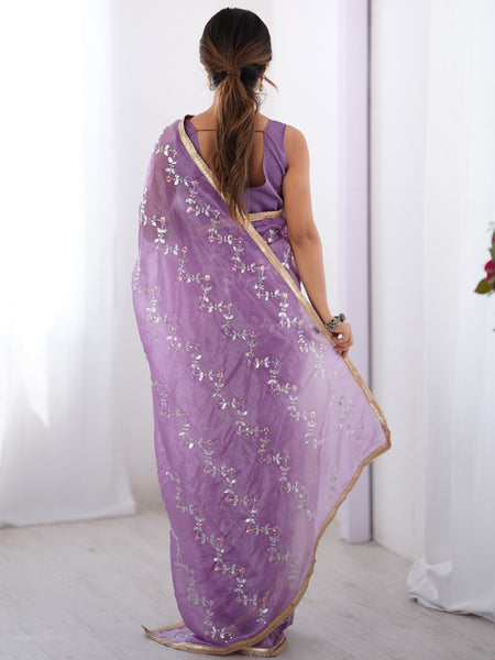 Lavender Organza Moti & Val Sequence Party Wear Saree