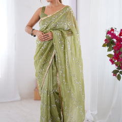 Light Green Organza Moti & Val Sequence Party Wear Saree