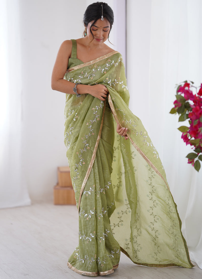 Light Green Organza Moti & Val Sequence Party Wear Saree