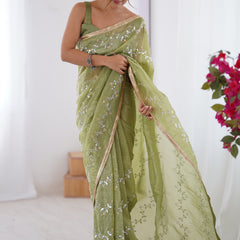 Light Green Organza Moti & Val Sequence Party Wear Saree