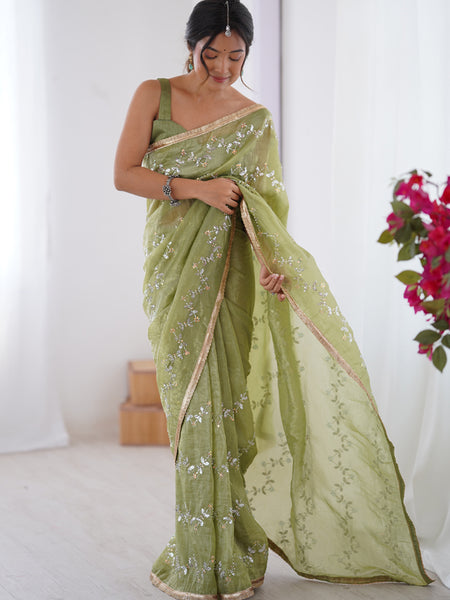 Light Green Organza Moti & Val Sequence Party Wear Saree
