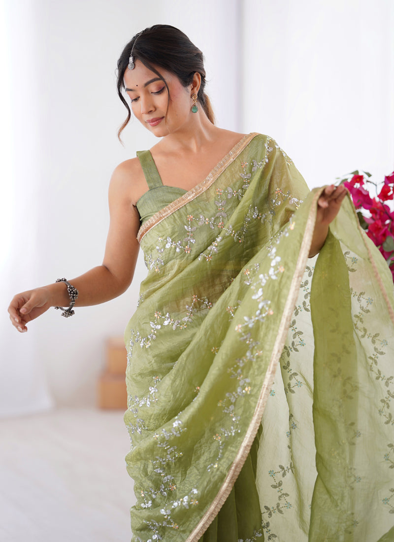 Light Green Organza Moti & Val Sequence Party Wear Saree