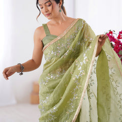 Light Green Organza Moti & Val Sequence Party Wear Saree