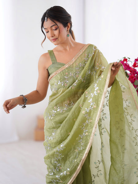 Light Green Organza Moti & Val Sequence Party Wear Saree