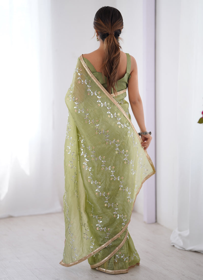 Light Green Organza Moti & Val Sequence Party Wear Saree