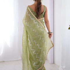 Light Green Organza Moti & Val Sequence Party Wear Saree