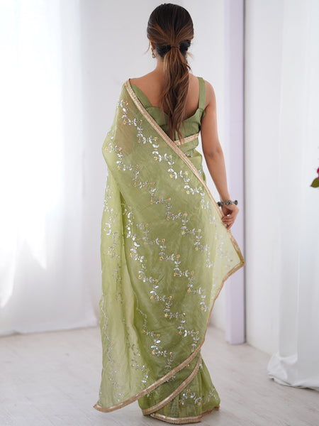 Light Green Organza Moti & Val Sequence Party Wear Saree