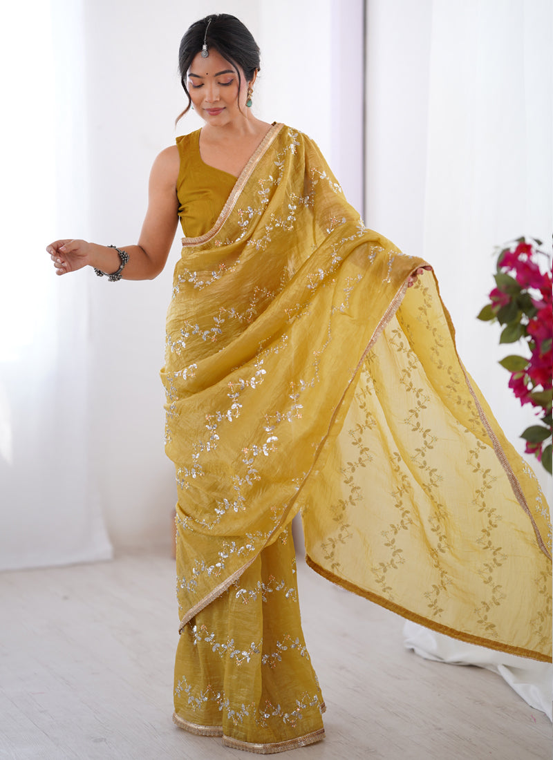Mustard Organza Moti & Val Sequence Party Wear Saree